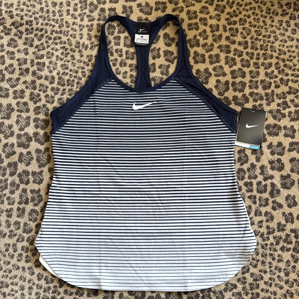 Nike Women's Navy and White Striped Tank Top